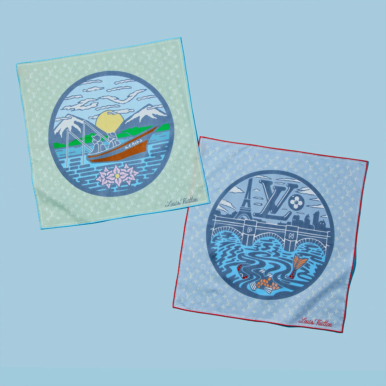 パリと日本の風景を描いたルイ・ヴィトンとNIGO®のコラボハンカチセット