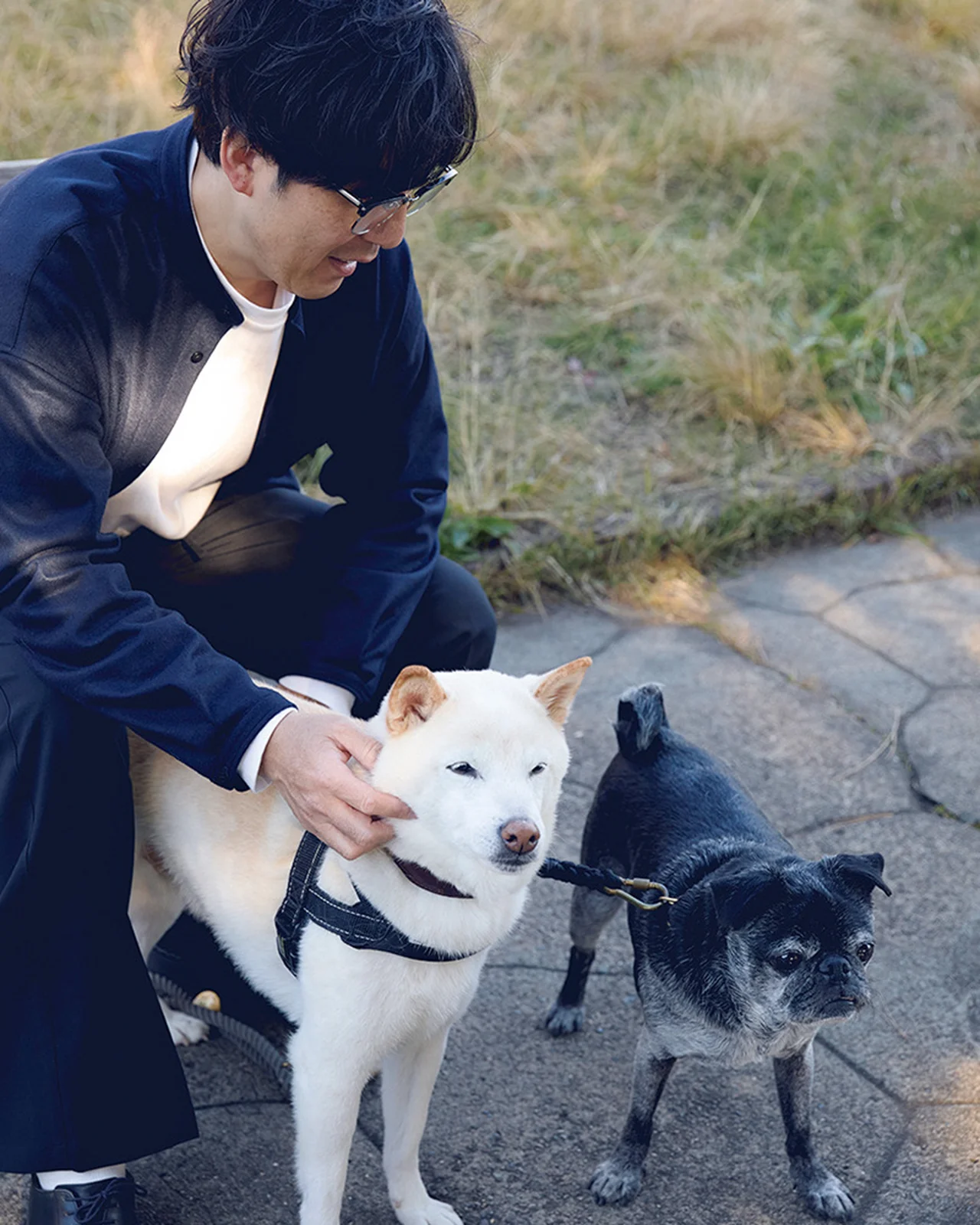 魚地武大さんと柴犬のマル、パグのネーロ