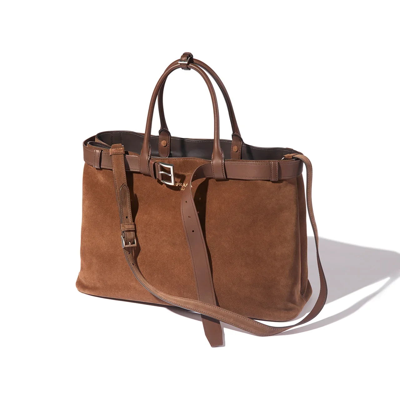 PRADA｜“Prada Buckle” suede bag with belt