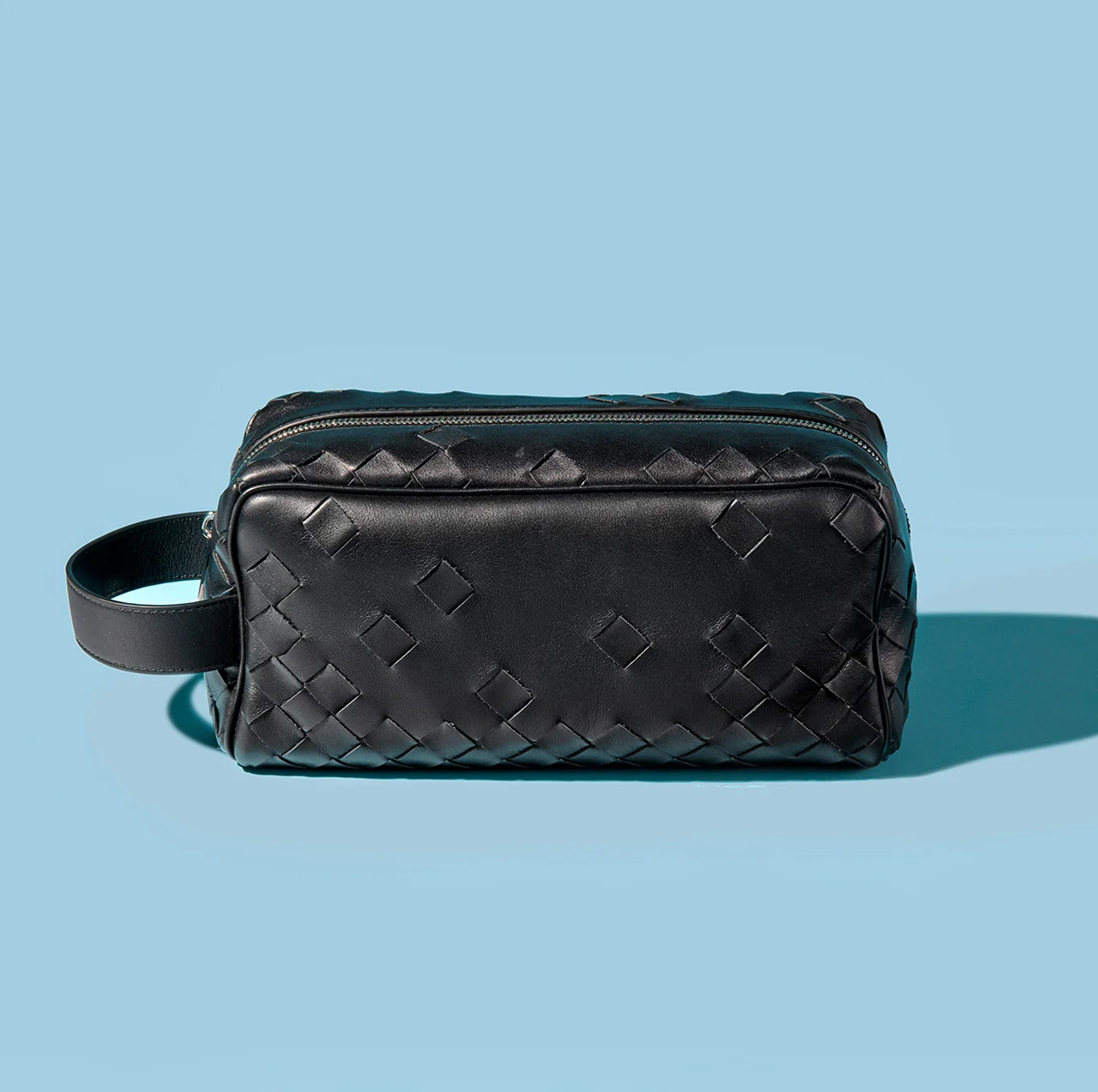 スムース＆イントレチャートシルキーカーフレザーのハンドル付きポーチ