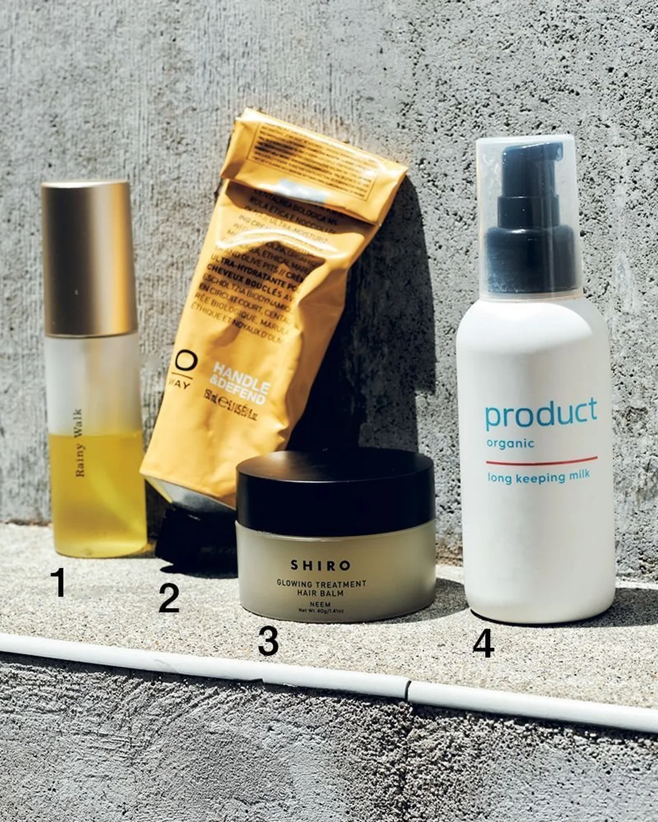 ウカのヘアオイル、シロのヘアバーム、オーウェイのクリーム、ザ・プロダクトのヘアミルク