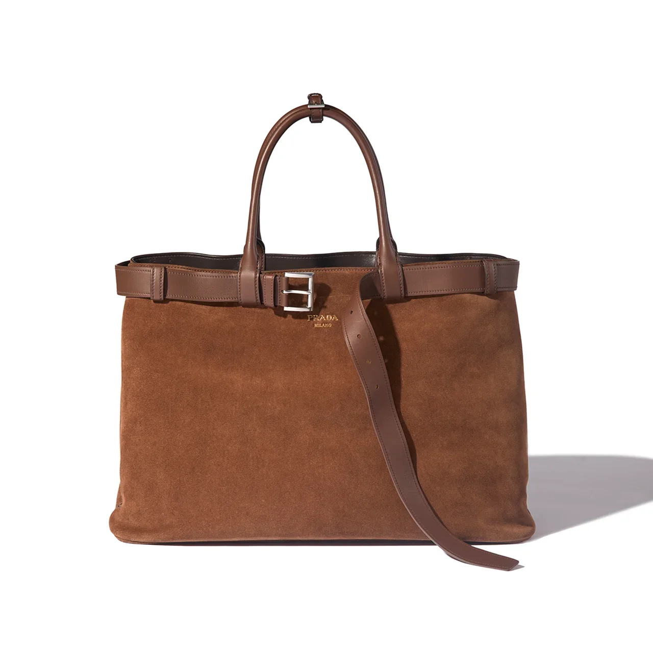 PRADA｜“Prada Buckle” suede bag with belt