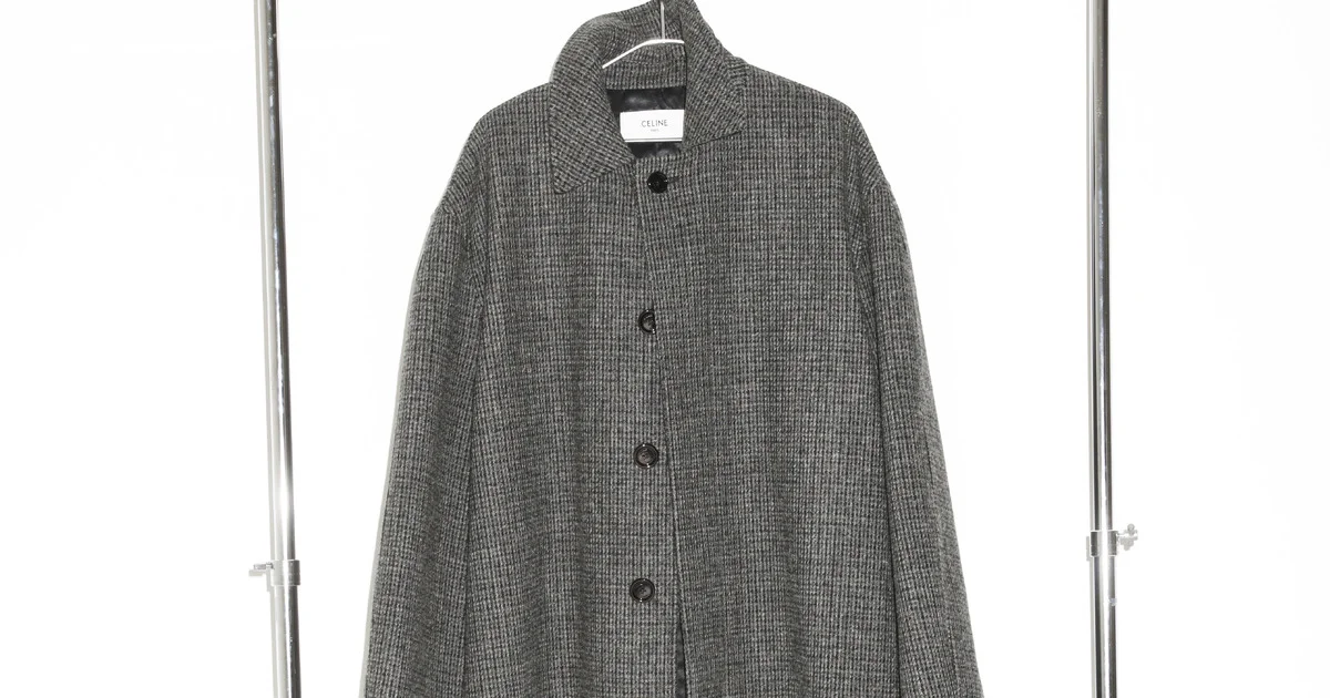 CELINE　セリーヌ　ウール混　モヘア混　もこもこ　ロングコート　パープル CELINE セリーヌ 21AW HIGH NECK COLLAR COAT IN HOUNDSTOOTH