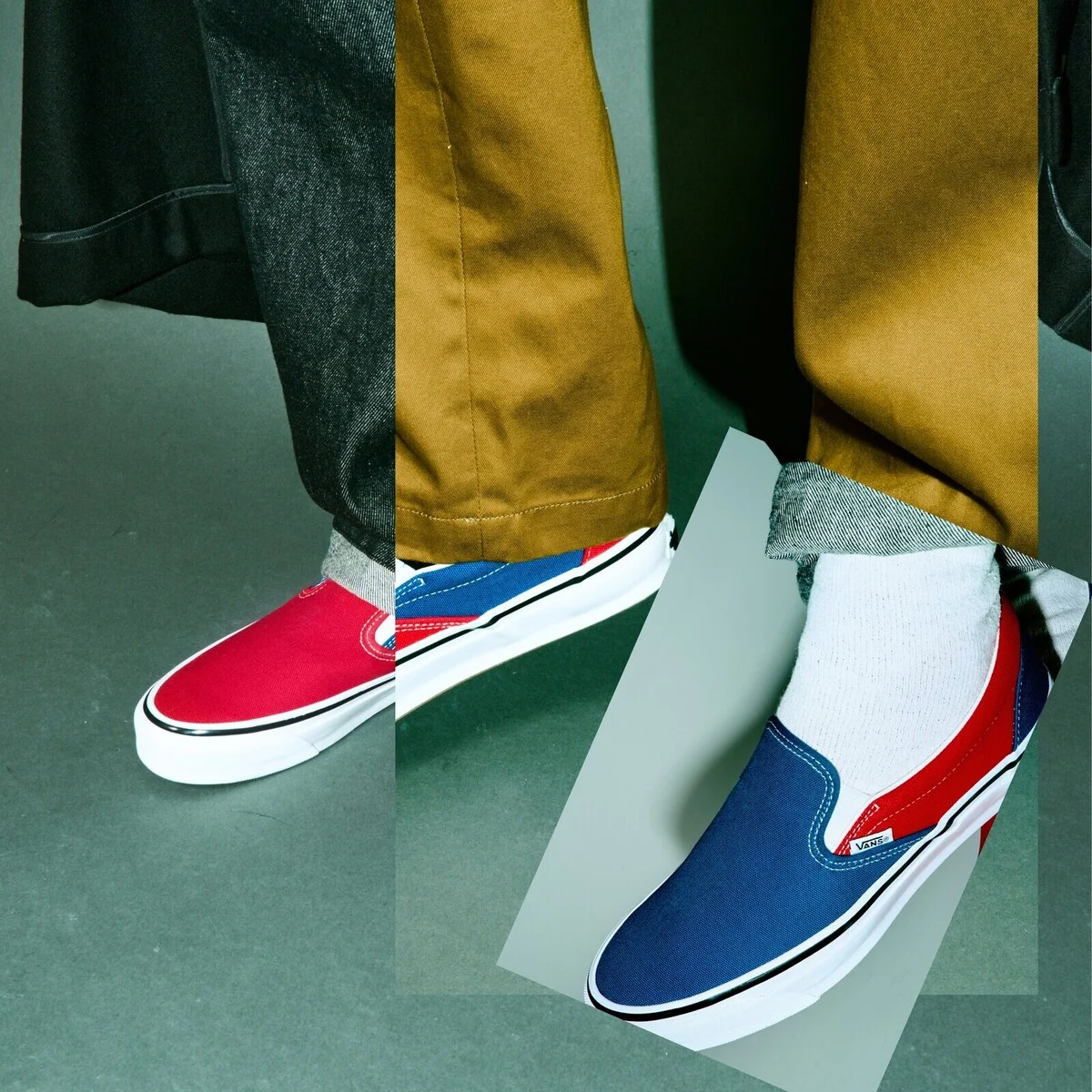 【差がつく大人のヴァンズ】エンジニアド ガーメンツとのコラボスニーカーはアシンメトリー配色の「Slip-On」